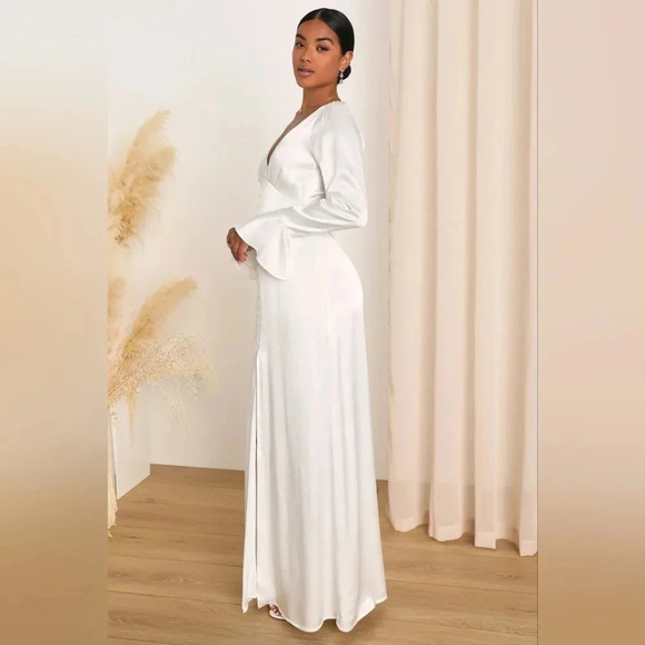 Lulus Elegant Celebration White Satin Long Sleeve Slip Maxi Dress XL Wedding - Picture 3 of 12